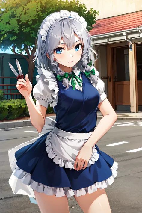 masterpiece, best quality, highres,  1girl, solo, sakuya1, izayoi sakuya, <lora:izayoi_sakuya_v1:0.8>, maid, blue eyes, grey hai...