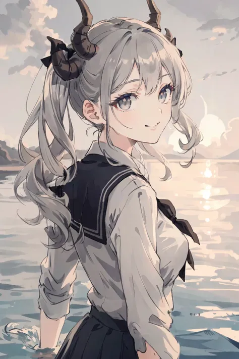 1girl,upper body,beautiful detailed eyes, medium_breasts, long hair,grey hair, grey eyes, curly hair, bangs, smug, twintails, beautiful detailed sky, beautiful detailed water, dramatic angle, ((back to the viewer)),(an extremely delicate and beautiful),sch...