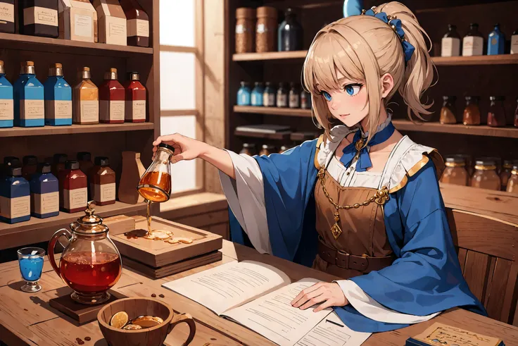 best quality, masterpiece, potion seller taking inventory