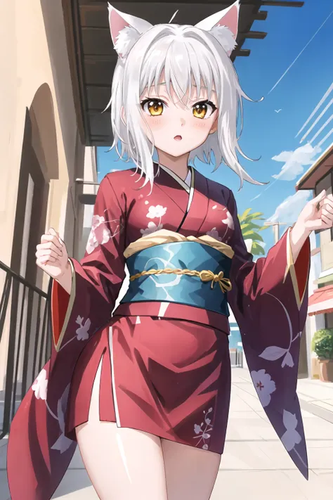 koneko toujou (dxd), 1girl, cat ears, white hair, short hair, kimono, standing looking at viewer, (masterpiece), high quality,