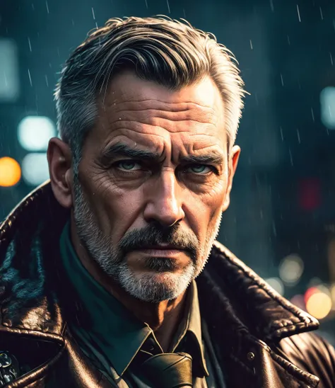 masterpiece, high detail, trending on artstation, realistic, detailed face, overall, a photo of a cyberpunk private detective, old man, dark hair, dirty, drone, Blade Runner city, neo lights, dark, rain, night, RAW, canon r6, wide shot, sharp, blurry backg...