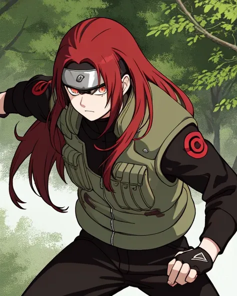 1boy, ninja, battle stance, training in a dense forest, a beautiful lush forest background, (long red hair, fox eyes, with long bangs), (black pants and brown flak jacket, and black forehead protector), dynamic composition, <lora:KM_NarutoS:0.5>