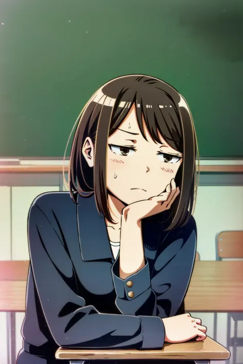 <lora:moreExpressions:1>, 1girl, solo, Jitome, classroom, sitting, desk head rest, sweatdrop, sideways glance, looking away, brown hair, masterpiece, best quality,