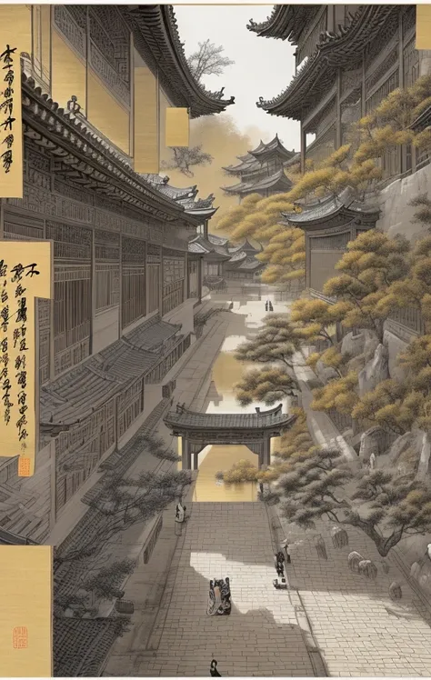 ancient chinese style landscape painting, yellow paper color, painted with black and white ink, extremely sharp old paper detail, high paper detail, high line detail, high resolution, ultra high quality, raw, 8k image, extremely high color detail