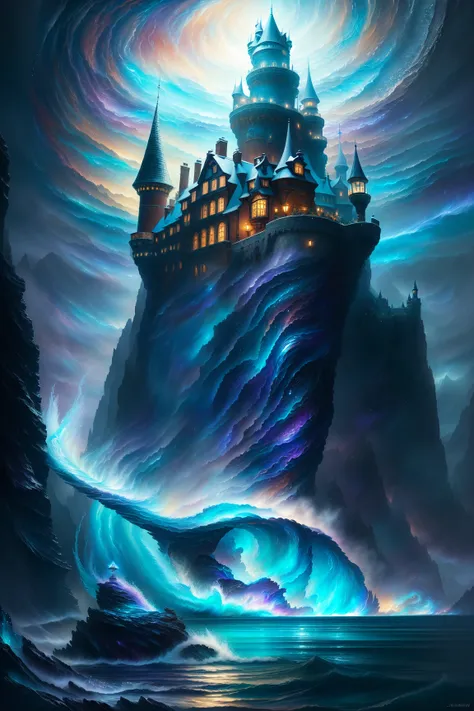 Style-SwirlMagic, modelshoot style, (extremely detailed CG unity 8k wallpaper), full shot body photo of the most beautiful artwork in the world, majestic nordic fjord with a fairy tale castle, professional majestic oil painting by Ed Blinkey, Atey Ghailan,...