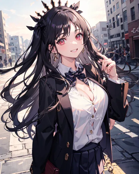 ishtar (fate), 1girl,solo, <lora:IshtarV2:0.7>, cowboy shot, large breasts,cleavage, black_hair,((school uniform:1.2)),outdoors,cityscape,light smile,