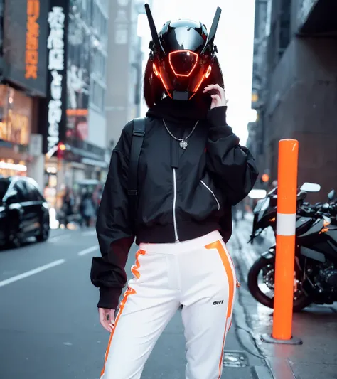 (original: 1.2), masterpiece, best quality, closed - up, upper body, 1girl, ((in a black cyberhelmet with a glowing ring on it)), wearing white techwear jacket and orange trousers with buckle and tape, (crystal necklace), posing for a picture, long legs, o...