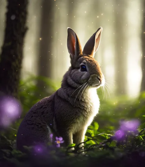 close up photo of a rabbit in an enchanted forest, nighttime, fireflies, volumetric fog, halation, bloom, dramatic atmosphere, centred, rule of thirds, 200mm 1.4f macro shot