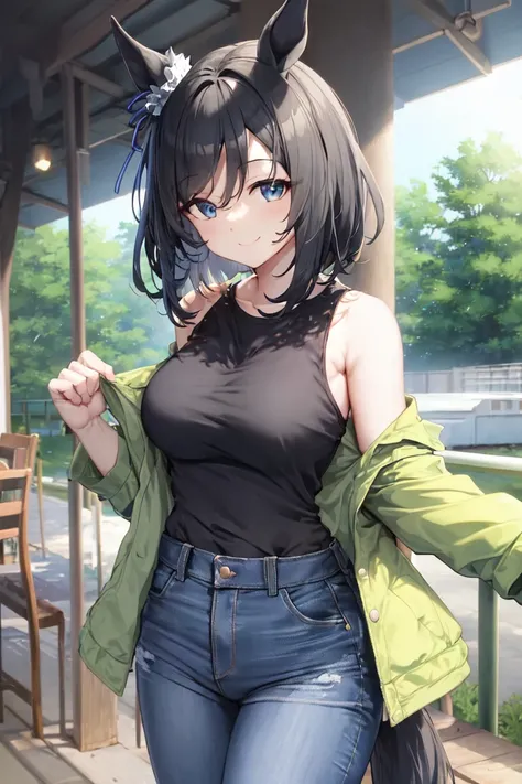 masterpiece, best quality,
eishin flash (umamusume), 
looking at viewer, smile, 
off shoulder, open clothes, green jacket, shirt tucked in, black shirt, sleeveless shirt, high-waist pants, jeans, 
<lora:eishin_flash_loha:0.7>