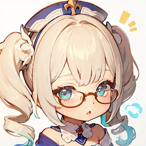 , <lora:gstamp_02-000008:0.7>, (chibi), (big head, close-up face), (upper body), simple background, white background, emoji, emote, eyewear on head, <lora:Barbara_s:0.9>, white headwear, blue eyes, (ahoge), blonde hair, (twintails AND twin drills, midium h...