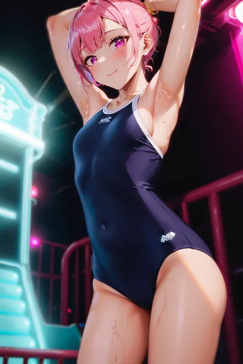 (masterpiece),ultra-detailed,perfect-composition,shiny skin,shiny hair,
1girl,solo focus,small,cute,
scmz , blue one-piece swimsuit,<lora:scmz blue one-piece swimsuit:0.5:NIN>
armpits, 
rim light,lens flare, 
amusement park,  night  pool, 

<lora:pnkr:0.5:...