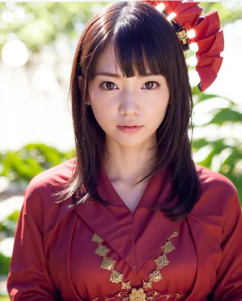 best quality, photorealistic, 8k, high res, 1girl, woman, (professional lighting), (portrait:0.6), (red kimono dress:1.72), gorgeous, black hair, (1girl eyes looking at viewer:1.6), ((looking at viewer:1.6)), photorealistic, (bokeh), (portait:0.6), (dynami...