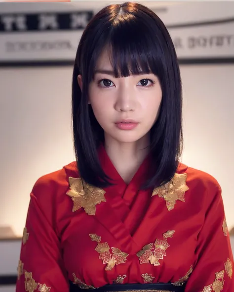 best quality, photorealistic, 8k, high res, 1girl, woman, (professional lighting), (portrait:0.6), (red kimono dress:1.72), gorgeous, black hair, (1girl eyes looking at viewer:1.7), ((looking at viewer:1.6)), photorealistic, (bokeh), (portait:0.6), (dynami...