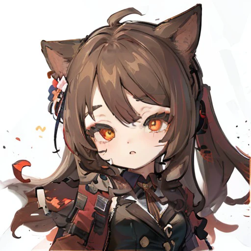 half-closed eyes, <lora:gstamp_02-000008:0.9>, (chibi), (big head, close-up face), (upper body), simple background, white background, emoji, emote, <lora:skyfire_04:0.9>, skyfire (arknights), arknights, wearing black blazer under cropped red jacket, cat ea...
