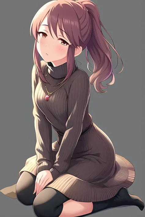 Mifune Miyu, 1girl, black legwear, blush, breasts, brown eyes, brown hair, contemporary,  dress, from side, full body, hair between eyes, head tilt, jewelry, long hair, looking at viewer, pendant, ponytail, seiza, sidelocks, simple background, sitting, sol...