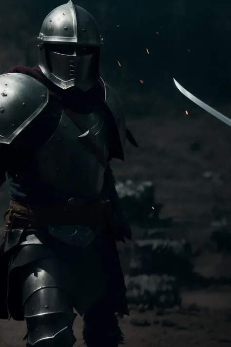 cinematic full body still frame of a badass battle-worn paladin wielding a longsword in a fantasy battlefield, helmet, gritty, cinematic lighting, blood splatter, combat stance, film grain, black armor, medieval soldiers