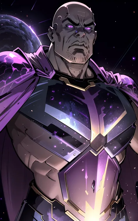 man, male focus, stunning angry Thanos, bald, purple cape, nebula space background, volumetric light, upper body, muscle, muscular, fantasy, dynamic angle, dynamic pose