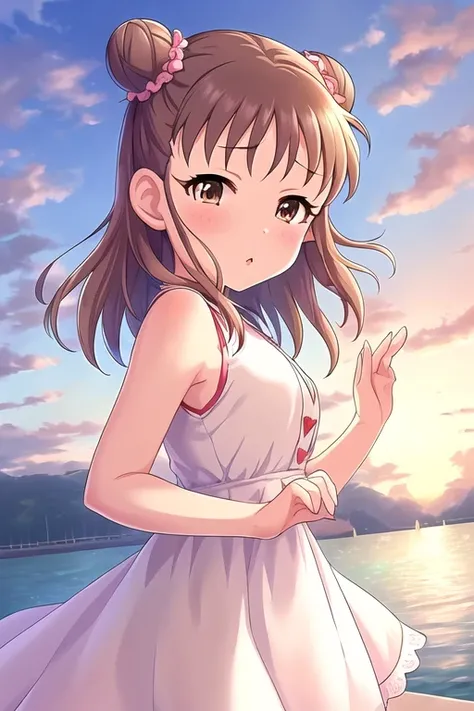munakata atsumi, 1girl, blue sky, blush, border, brown hair, clouds, double bun, dress, heart, highres, looking at viewer, looking to the side, outside border, sky, sleeveless, sleeveless dress, solo, upper body, white border, white dress
<lora:deresute-v1...