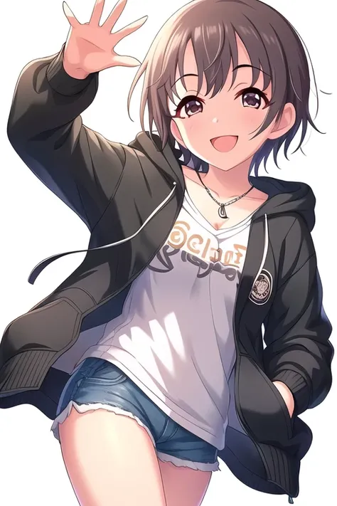 Otokura Yuuki, 1girl, :d, ||/, arm behind back, brown hair, black eyes, collarbone, cowboy shot, drawstring, highres, hood, hood down, hooded jacket, jacket, jewelry, key necklace, looking at viewer, open mouth, pendant, short hair, short shorts, shorts, s...