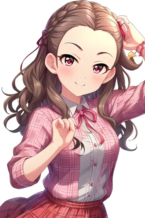Seki Hiromi, blush, braid, breasts, brown hair, buttons, checkered clothes, checkered shirt, eyebrows, forehead, grey shirt, hair ribbon, hand up, highres, looking at viewer, medium breasts, medium hair, mugenhouyou, pink ribbon, playing with own hair, red...