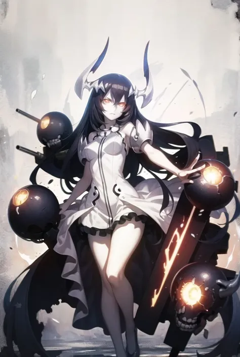 best quality, anime illustration, intricate promotional art, novel cover, anchorage water oni, abyssal ship, glaring, machinery, looking at viewer, legs apart, 1girl, (colored skin, pale skin), long black hair, orange eyes, glowing eyes, white dress <lora:...