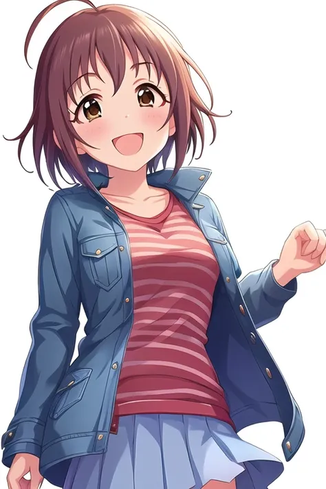 Wakiyama Tamami, 1girl, ^ ^, ahoge, arm behind back, blue jacket, blue skirt, blush, brown hair, brown eyes, highres, jacket, looking at viewer, open clothes, open jacket, open mouth, pleated skirt, red shirt, shirt, short hair, simple background, skirt, s...