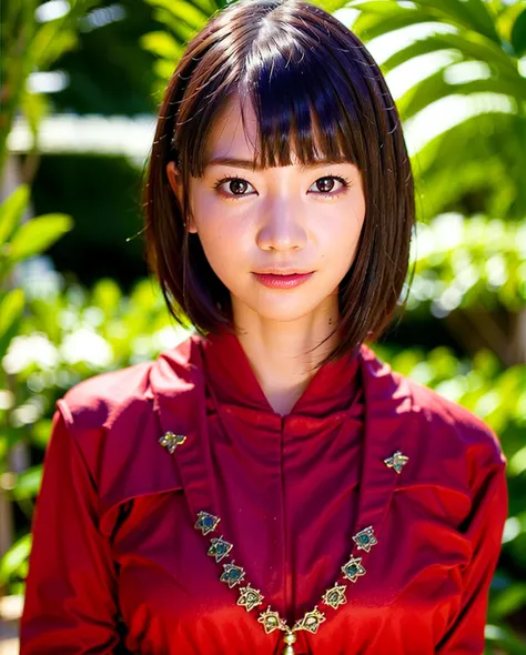 best quality, photorealistic, 8k, high res, 1girl, woman, (professional lighting), (portrait:0.6), (red kimono dress:1.72), gorgeous, black hair, (short hair:1.2), (1girl eyes looking at viewer:1.4), ((looking at viewer:1.6)), (looking at the camera), phot...