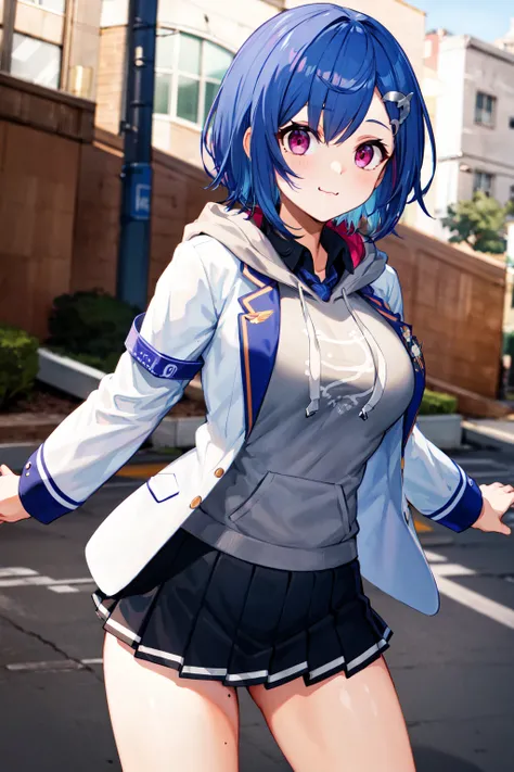 masterpeace, best quality, highres, 1girl, solo, grey hoodie, fang, blue hair, skin fang, blazer, short hair, white jacket, (mole on thigh:0.9), bangs, black skirt, hair behind ear, black socks, collared shirt, purple eyes, pleated skirt, armband, mole, ha...