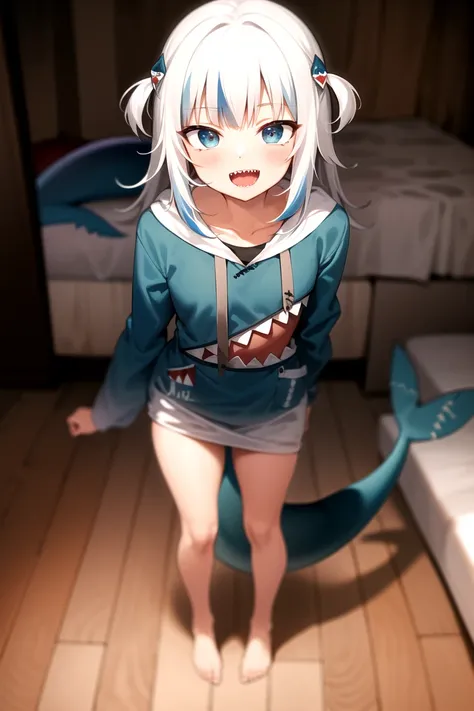 2d, masterpiece, best quality, anime, highly detailed face, highly detailed eyes, highly detailed background, perfect lighting, full body, 1girl, solo, gawr gura, shark hair ornament, blue hoodie, tail, shark tail, :d, sharp teeth, standing, barefoot, bedr...