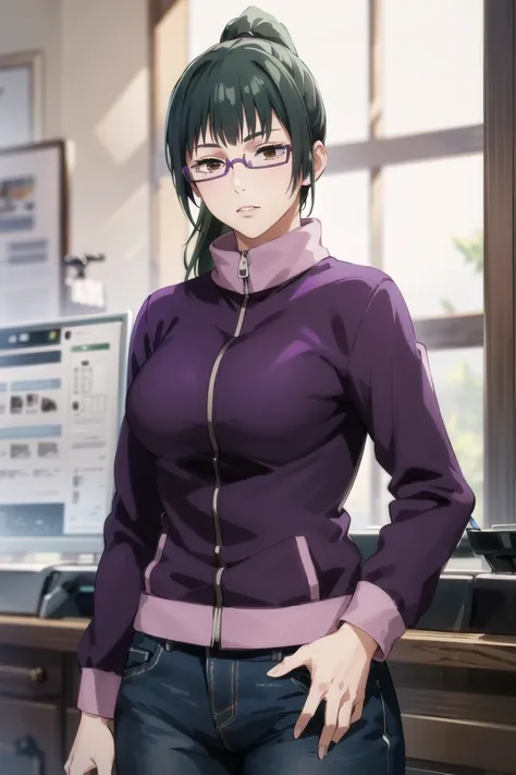 1girl, cowboy shot, beautiful zenin_maki,ponytail,glasses,bangs,green hair,brown eyes,purple jacket, medium breast, cowboy shot, coffee , volumetric lighting, best quality, masterpiece, intricate details, tonemapping, sharp focus, hyper detailed, trending ...