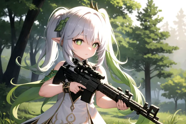 masterpiece, best quality, 1girl, m4a1, nahida_genshin, cross-shaped pupils, side ponytail, default_dress, rifle, trigger discipline, forest background <lora:nahidav2:0.8> <lora:m4a1:0.8>