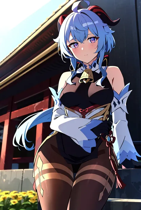 cyberpunk edgerunners, ganyu (genshin impact), 1girl, ahoge, architecture, bangs, bare shoulders, bell, black gloves, black pantyhose, ((blue hair)), blush, breasts, chinese knot, detached sleeves, east asian architecture, flower knot, gloves, horns, long ...