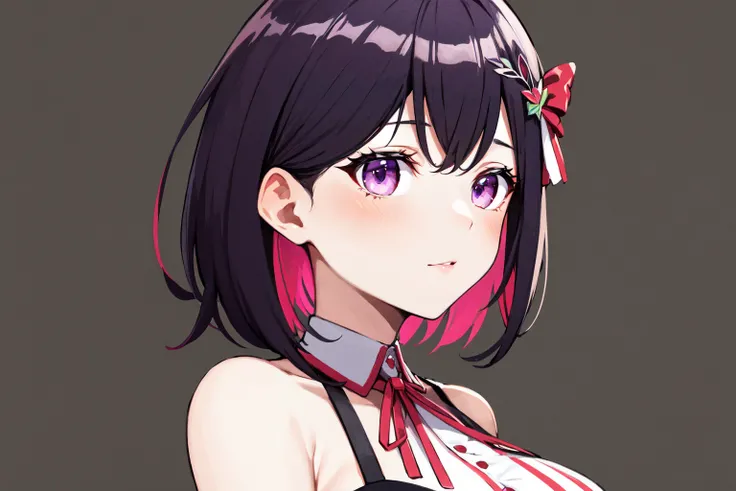 masterpeace, best quality, highres, 1girl, idol clothes, pink hair, black hair, colored inner hair, multicolored hair, hair ornament, sleeveless, short hair, purple eyes, ribbon, large breasts, azki (hololive), <lora:AZKi_v10:0.7>, close-up, face,