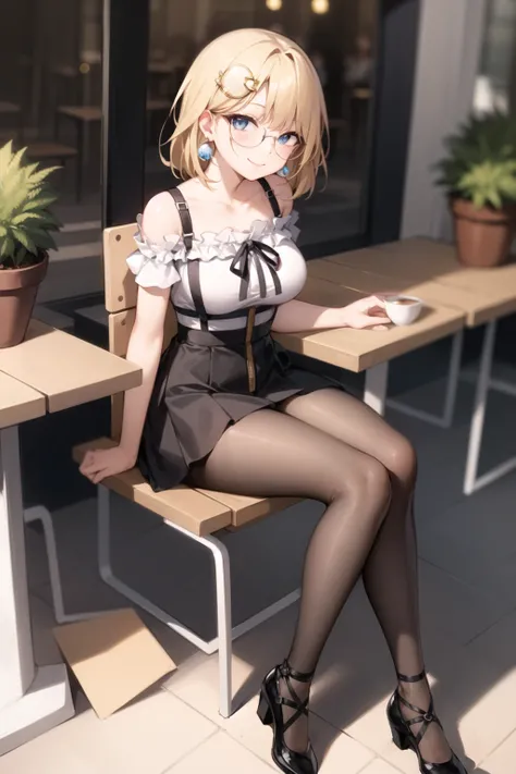 2d, masterpiece, best quality, anime, highly detailed face, highly detailed eyes, highly detailed background, perfect lighting, full body, 1girl, solo, amelia watson, outdoors, cafe, sitting, frilled shirt, collarbone, suspender skirt, zipper pull tab, bla...