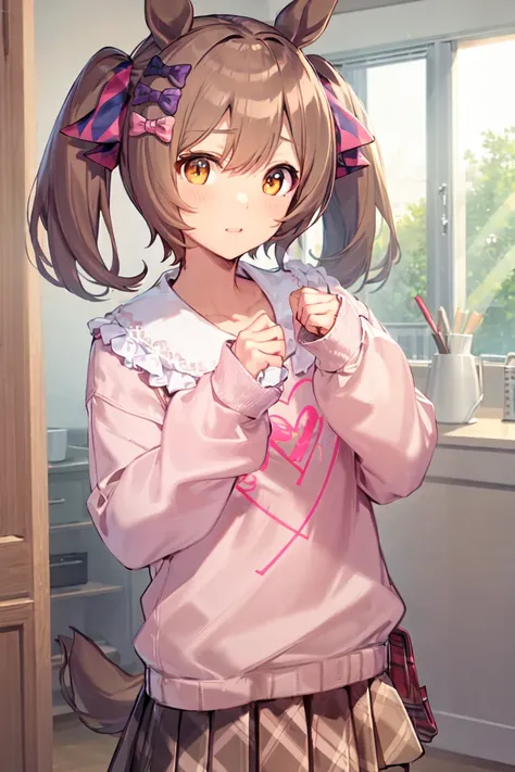 masterpiece, best quality, 
smart falcon (umamusume), 
casual, hair bow, sleeves past wrists, puffy long sleeves, frilled collar, pink sweater, clothes writing, brown skirt, pleated skirt, plaid skirt, 
<lora:smart_falcon_loha:0.6>