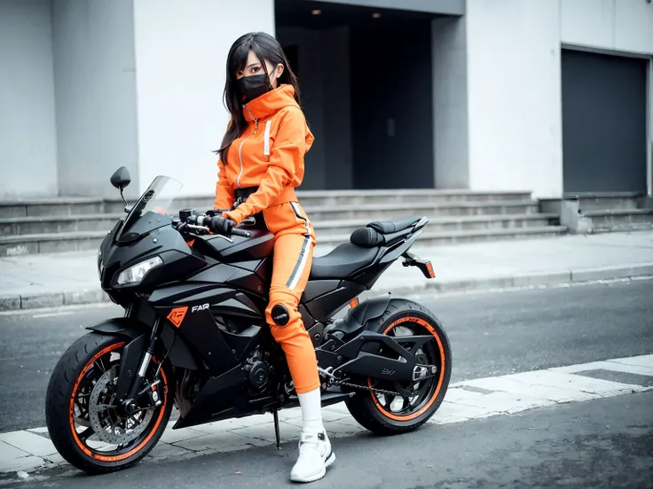 <lora:yhmotorbikev0.2:0.9> far shot,(a girl wearing orange techwear jacket and white trousers with buckle and tape), (black inverted bob), riding a silver yhmotorbike on a city street, ((long leg)), very detailed, front view, looking at viewer  <lora:korea...