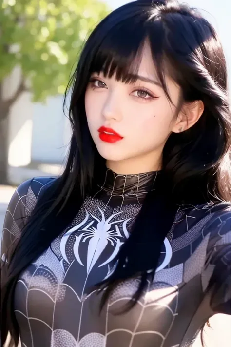 <lora:zhizhuxia:0.8>,best quality ,masterpiece, 1girl, solo,black hair, long hair, upper body, red lips, black eyes, closed mouth, lips, realistic, bangs,