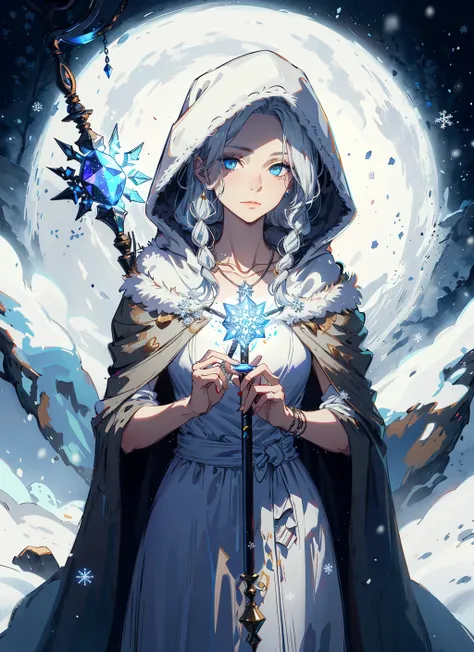 Jani is a witch who lives in a snowy region of Elden Ring. She has long silver hair and blue eyes that glow with magic. She wears a white dress with fur trim and a hooded cloak that covers her shoulders. She also wears a silver necklace with a pendant shap...