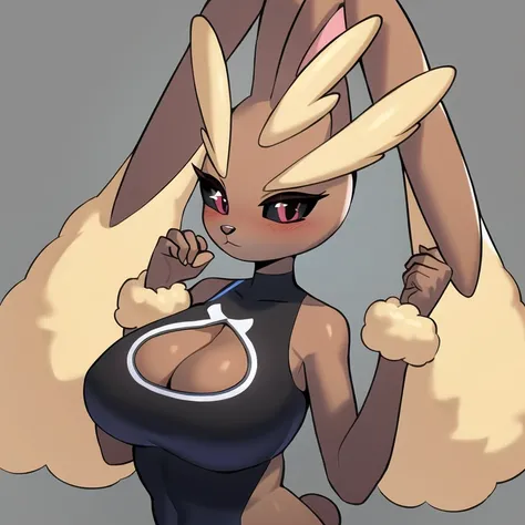 (masterpiece, best quality:1.2), (lopunny:1.1), 1girl, breasts, solo, furry, furry female, black sclera, colored sclera, brown fur, upper body, clothing cutout, animal ears, rabbit ears, cleavage, two-tone fur, rabbit girl, hand up, body fur
