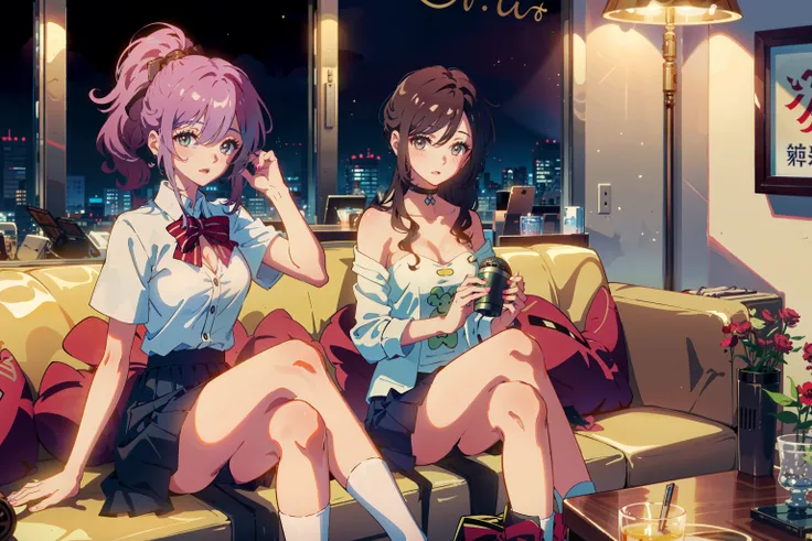 masterpiece, best quality,
(2girls:1.5), blush, breasts, cleavage, couch, crossed legs, cup, girl sandwich, hair over one eye, karaoke, large_breasts, long hair, microphone, multiple girls, open_mouth, phone, ponytail, sandwiched, short_hair, sitting, skir...