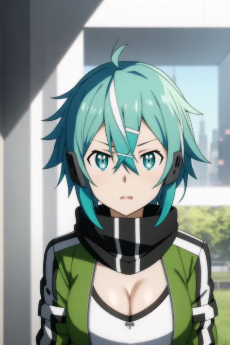 sinon_gungale, anime art style, 1girl, solo, breasts, looking_at_viewer, short_hair, hair_ornament, cleavage, green_eyes, blue_hair, jacket, hairclip, scarf, aqua_hair, frown, slit_pupils