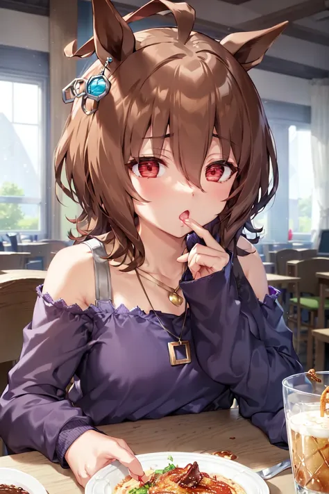 masterpiece, best quality,
agnes tachyon (umamusume), 
:o, food, pov across table, finger to mouth, 
single earring, casual, off-shoulder shirt, bare shoulders, purple shirt, bra strap, long sleeves, sleeves past wrists, necklace, pendant 
<lora:agnes_tach...