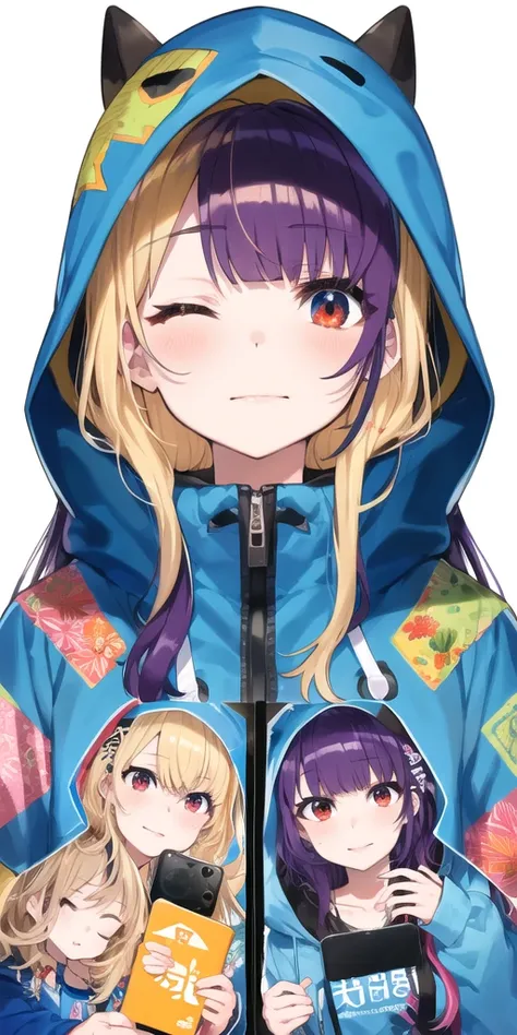 1girl, blonde hair, blush,closed mouth, colored inner hair,hood, hoodie, lantern, long hair, long sleeves, looking at viewer, multicolored hair, one eye closed, paper lantern, print hoodie, purple hair, red eyes, simple background, smartphone, solo, two-to...