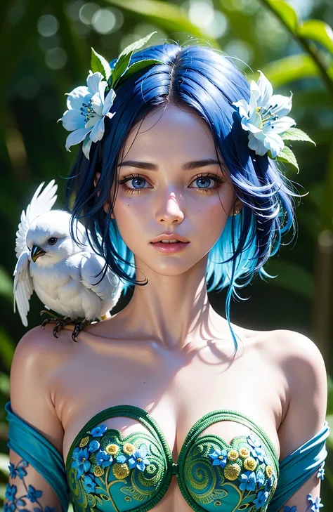 fashion photography portrait of blue human avatar, in blue lush jungle with flowers and birds, 3d render, cgi, symetrical, octane render, 35mm, bokeh, 9:16, (intricate details:1.12), hdr, (intricate details, hyperdetailed:1.15), (natural skin texture, hype...