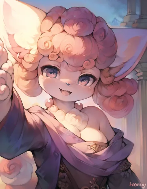 best quality, 8k, absurd res, solo, anthro, (vulpix, pokemon:1.5), female, (by Honovy, Ruan Jia, Hioshiru), snout, nose, open smile,sfw.