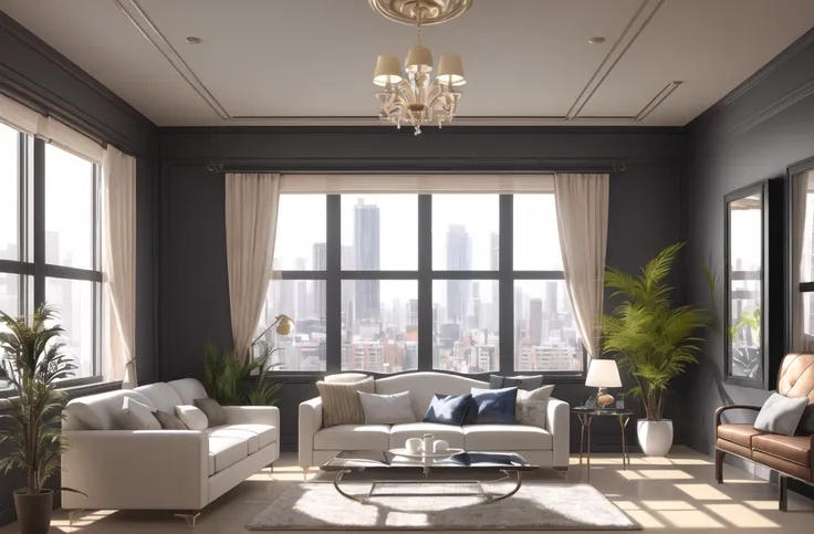 photorealism, interior design, luxury suite, masterpiece, best quality, raytracing, reflective, highres, big window, modern design, home, HDR, (home design), (modern), glass, (plants), ((volumetric light)), realistic light, cityscape, (depth of field), sof...