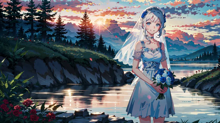 masterpiece,best quality,
1girl, bare shoulders, white hair, veil, blue eyes, very long hair, grin, bouquet, day, dress, flower, holding, holding bouquet, lake, looking at viewer, nature, outdoors, red flower, rose, solo, standing, tree, water, water drop,...