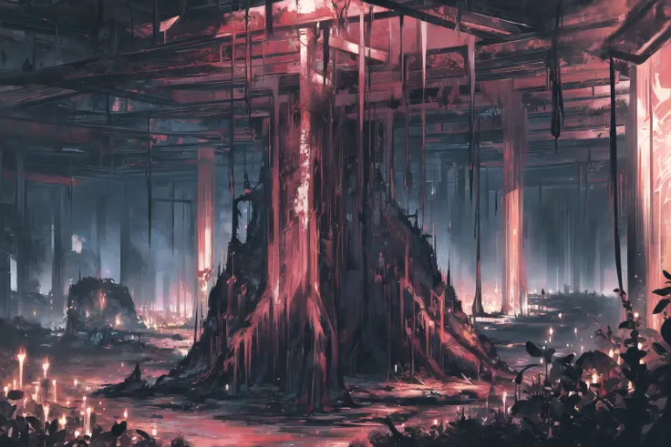 Crumbling (Dark Paradise:1.5), EcoSystem,very detailed background, highly detailed background,blood theme.