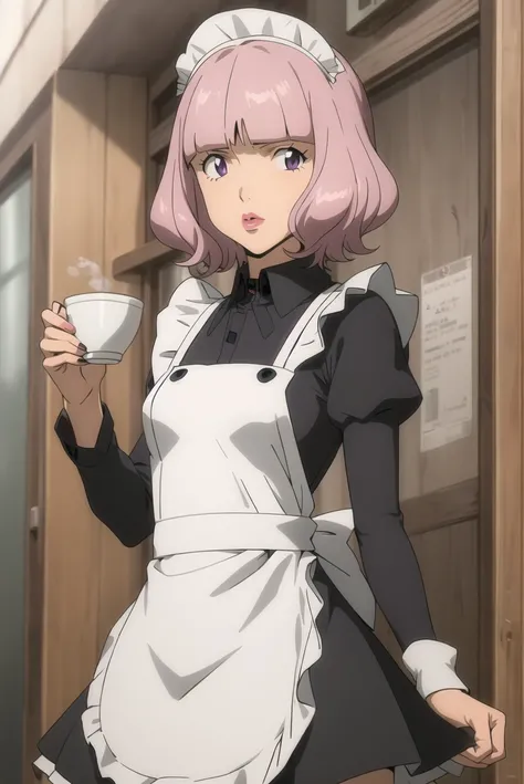 rebuild style, 1girl, solo, kitakami midori, pink hair, blunt bangs, short hair, purple eyes, pink lipstick, (maid), looking at viewer, cafe, cowboy shot, <lora:rebuildOfEvangelion_v4b-26:0.7>,