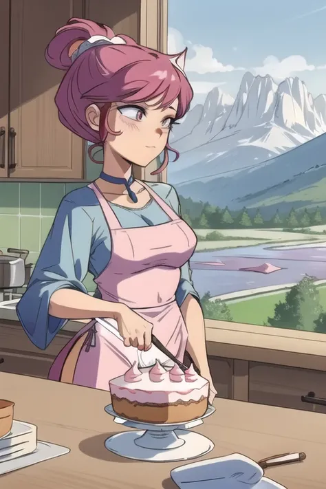 baking a cake, in a modern kitchen,  pov, mountains in the distance on a clear sunless day, from the front <lora:JinxTT:0.6> JinxTT